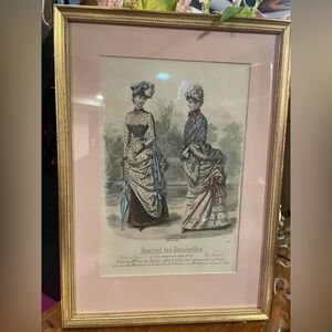 Framed Vintage 1880s Paris Fashion Magazine Prints with Gold Frame.